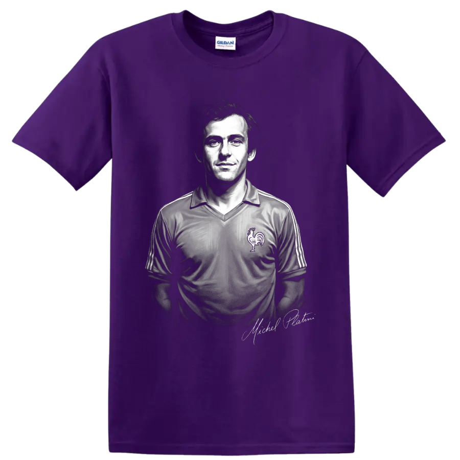 Michel Platini black-and-white France soccer jersey portrait with signature detail on a Purple T Shirt