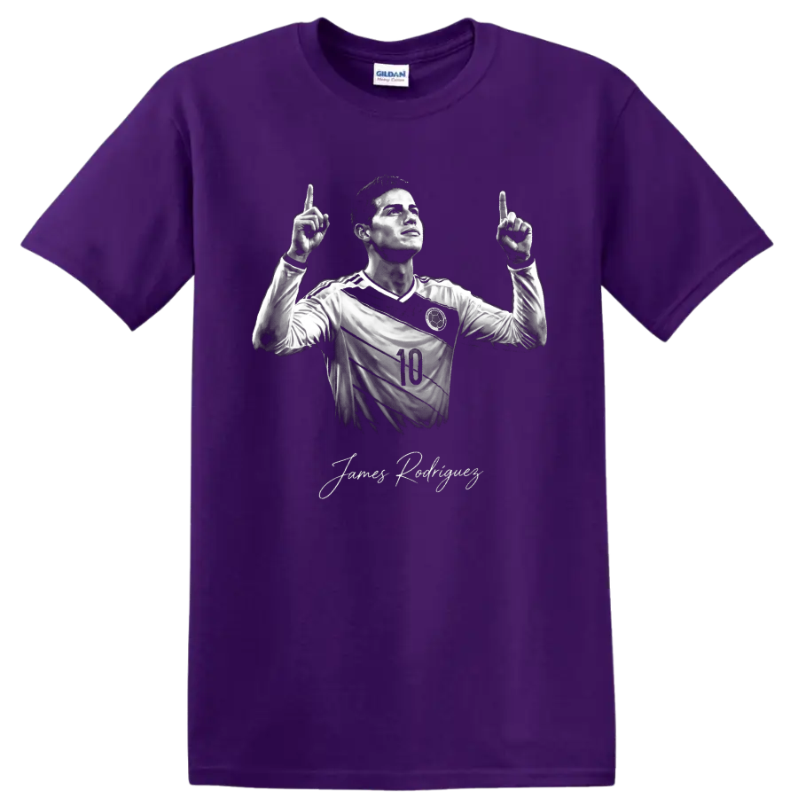 James Rodríguez monochrome number 10 soccer portrait with signature-style name on a Purple T Shirt
