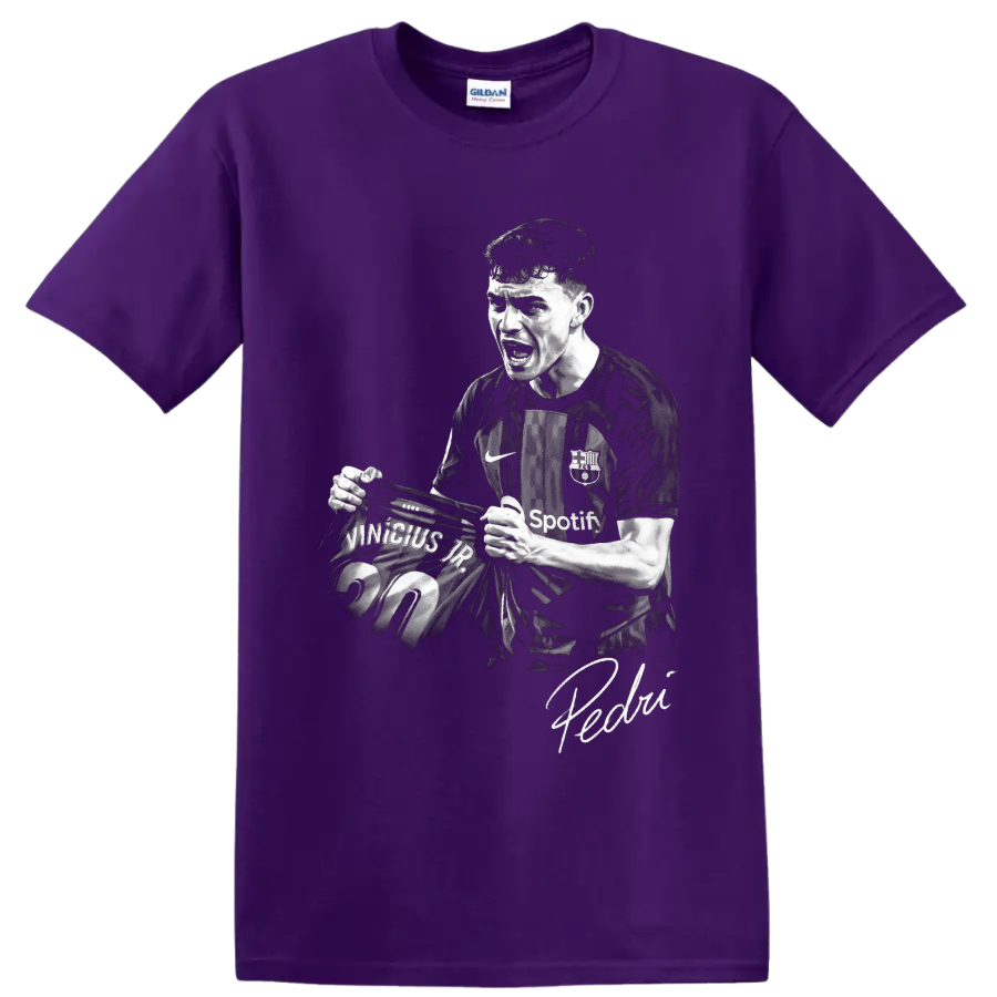 Pedri FC Barcelona soccer celebration portrait with number 20 jersey and signature on a Purple T Shirt