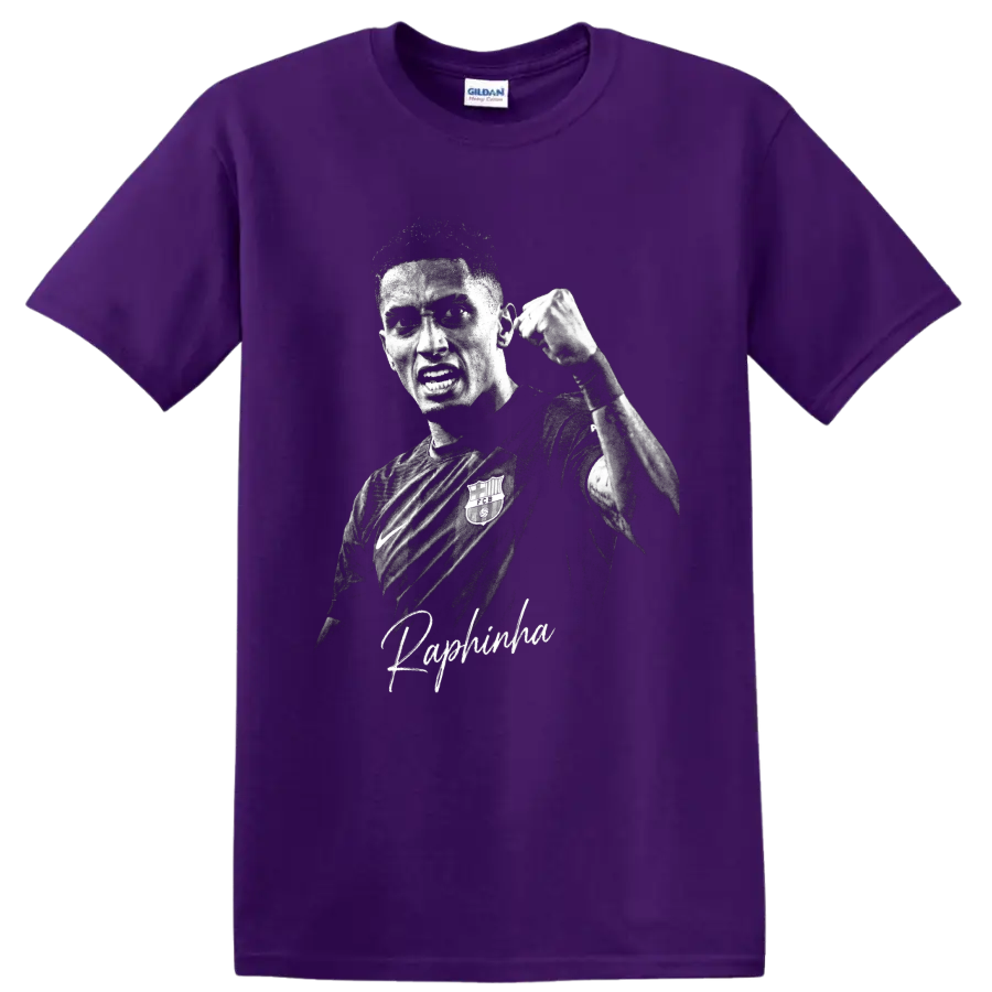 Raphinha raised-fist grayscale soccer portrait with signature-style name lettering on a Purple T Shirt