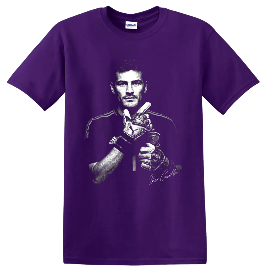 Iker Casillas monochrome goalkeeper portrait with gloves and signature-style accent on a Purple T Shirt