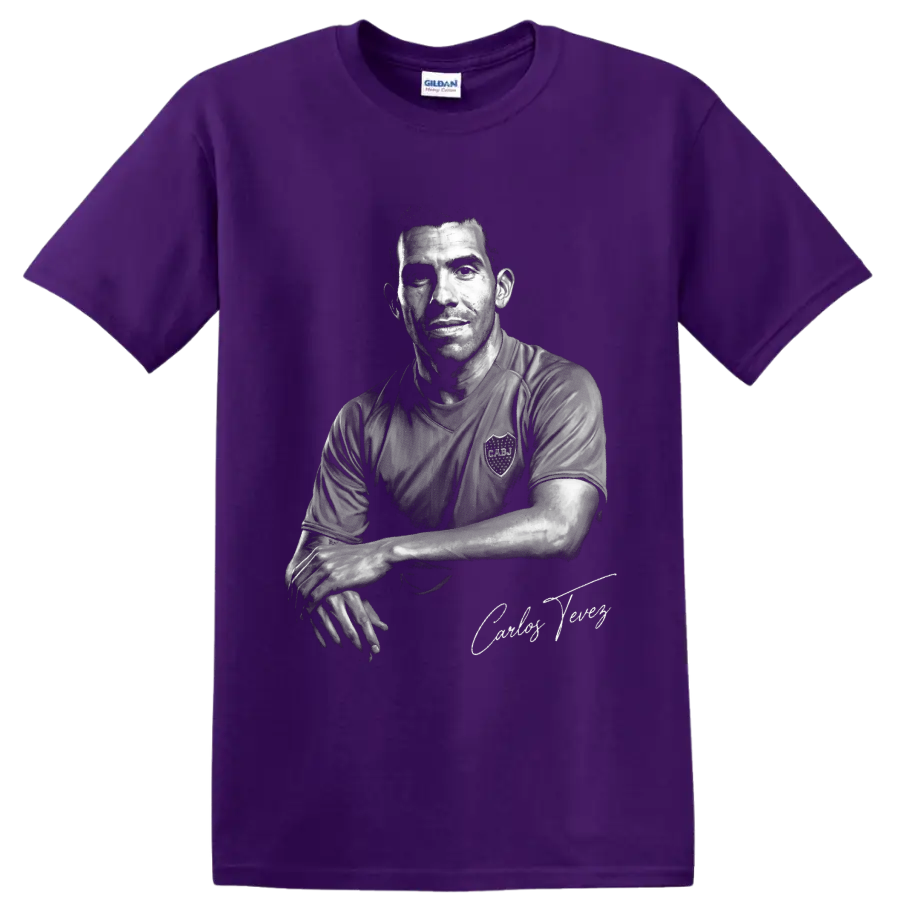Carlos Tevez grayscale soccer portrait with signature-style text on a Purple T Shirt