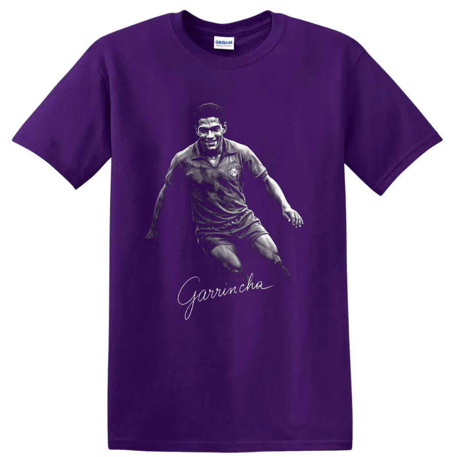 Garrincha dribbling soccer portrait in textured black-and-white vintage sports art on a Purple T Shirt
