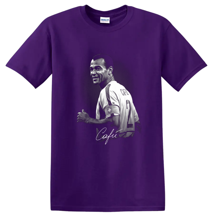 Monochrome Cafu Brazil captain portrait with number 2 jersey and signature-style script on a Purple T Shirt