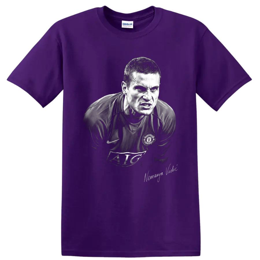 Nemanja Vidic Manchester United defender in intense monochrome portrait artwork on a Purple T Shirt