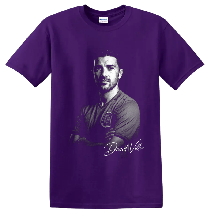 David Villa Spain soccer portrait in dramatic monochrome with signature-style lettering on a Purple T Shirt