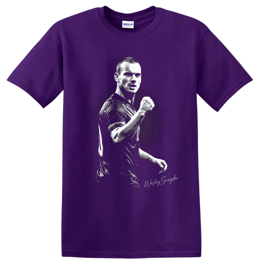 Wesley Sneijder raised-fist soccer portrait in gritty black-and-white style on a Purple T Shirt