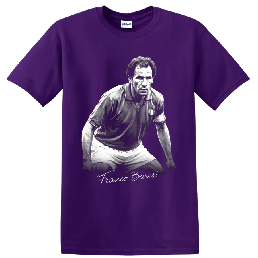 Franco Baresi grayscale soccer defender portrait with signature-style lettering on a Purple T Shirt