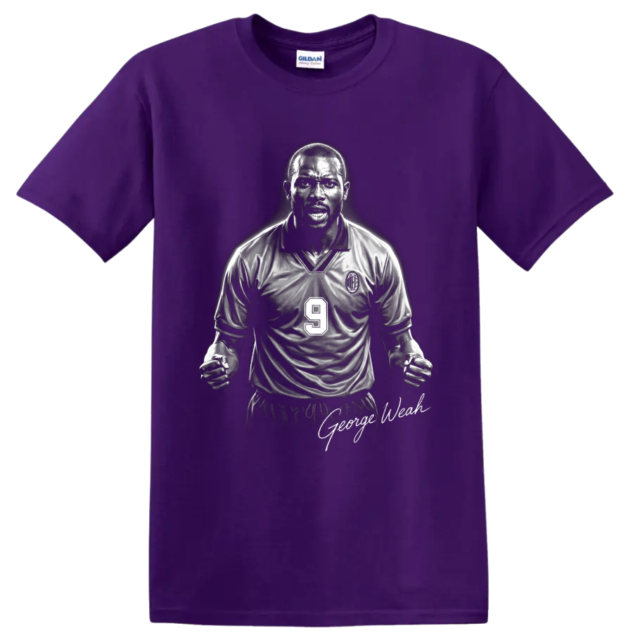 George Weah AC Milan number 9 monochrome soccer portrait with signature-style text on a Purple T Shirt