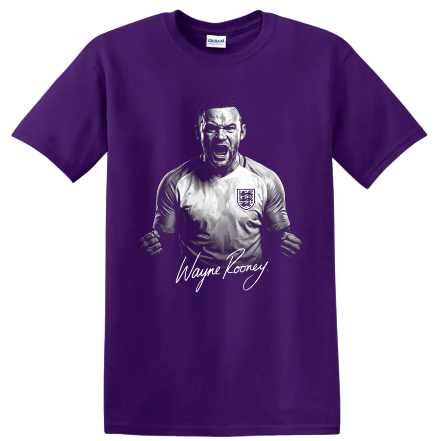 Wayne Rooney England soccer celebration portrait with signature-style name lettering on a Purple T Shirt