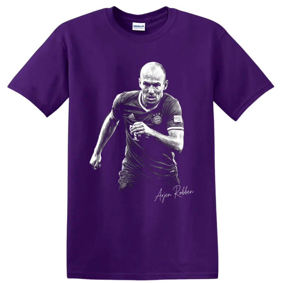 Arjen Robben running soccer portrait in monochrome with signature-style name on a Purple T Shirt