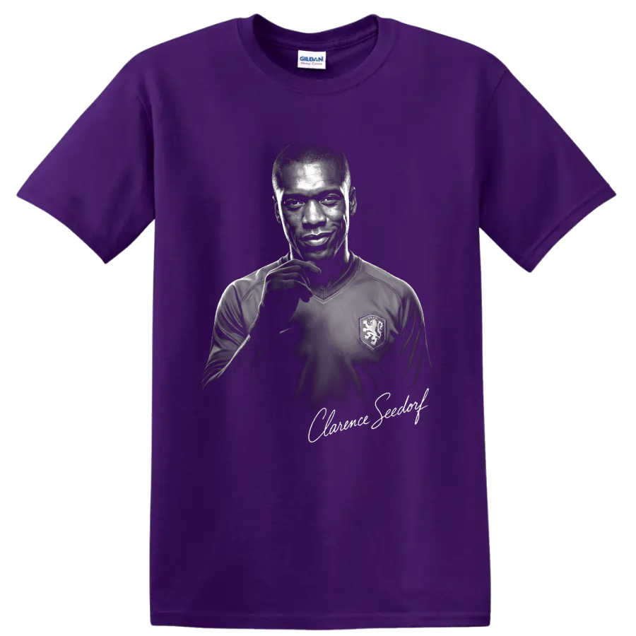 Clarence Seedorf Netherlands soccer portrait in high-contrast monochrome signature art on a Purple T Shirt