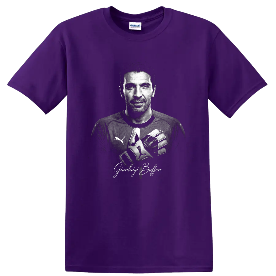 Gianluigi Buffon grayscale goalkeeper portrait with crossed gloves and signature lettering on a Purple T Shirt