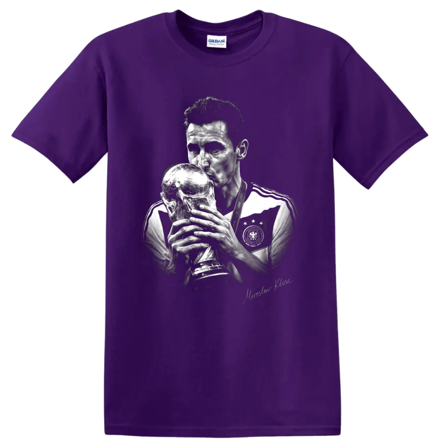 Miroslav Klose grayscale portrait kissing a trophy in a Germany soccer jersey on a Purple T Shirt