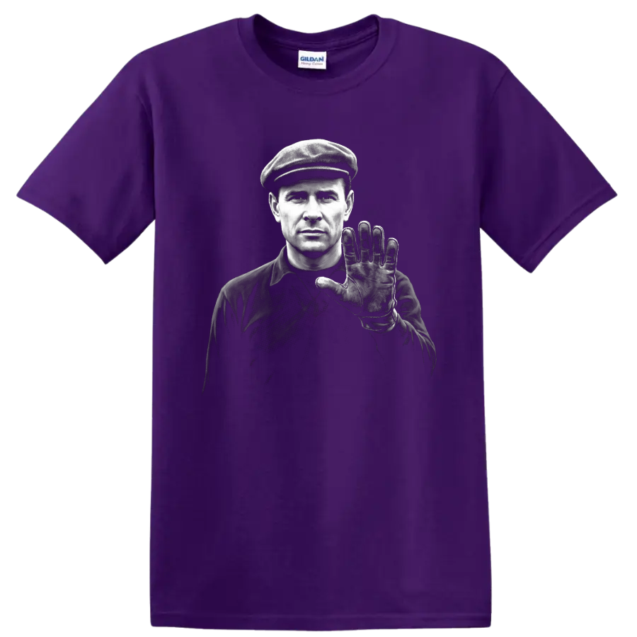 Lev Yashin monochrome goalkeeper portrait in cap with raised gloved hand on a Purple T Shirt