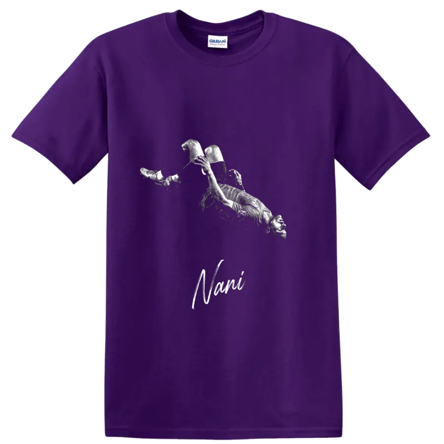 Nani performing a bicycle kick in distressed monochrome soccer artwork on a Purple T Shirt