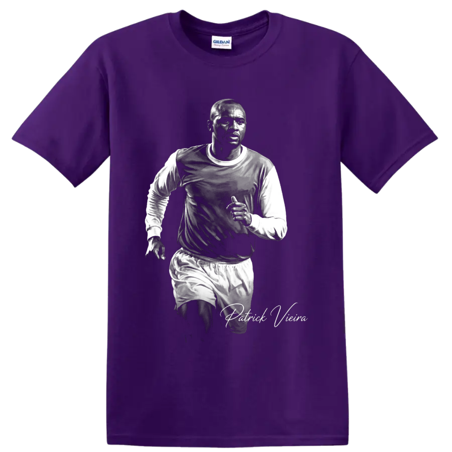 Patrick Vieira running soccer portrait in black-and-white with signature-style lettering on a Purple T Shirt