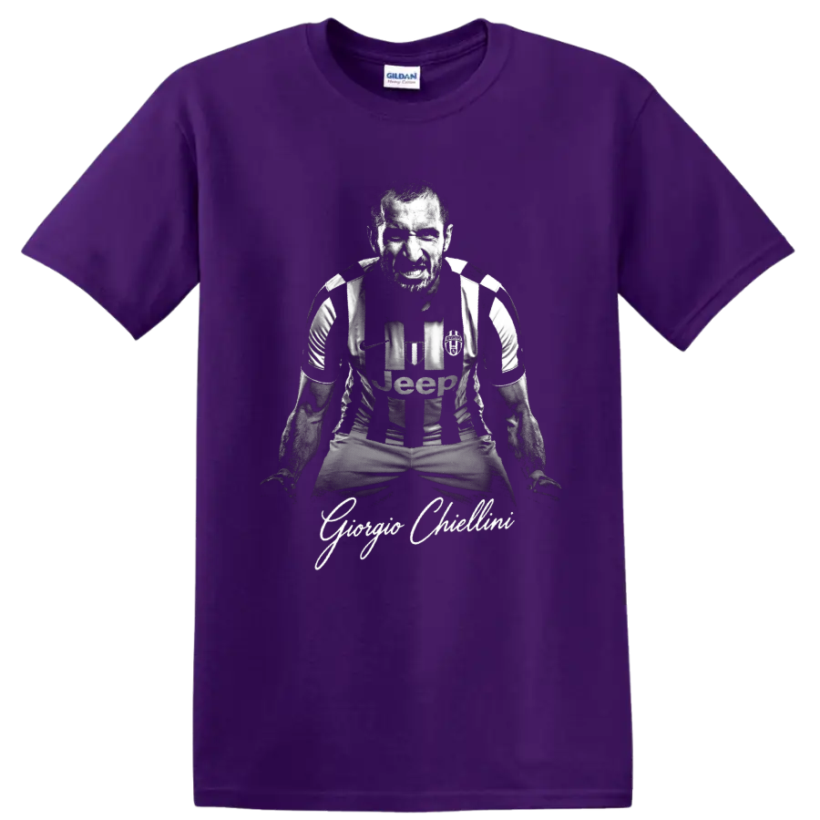 Giorgio Chiellini fierce monochrome Juventus defender portrait with signature-style text on a Purple T Shirt
