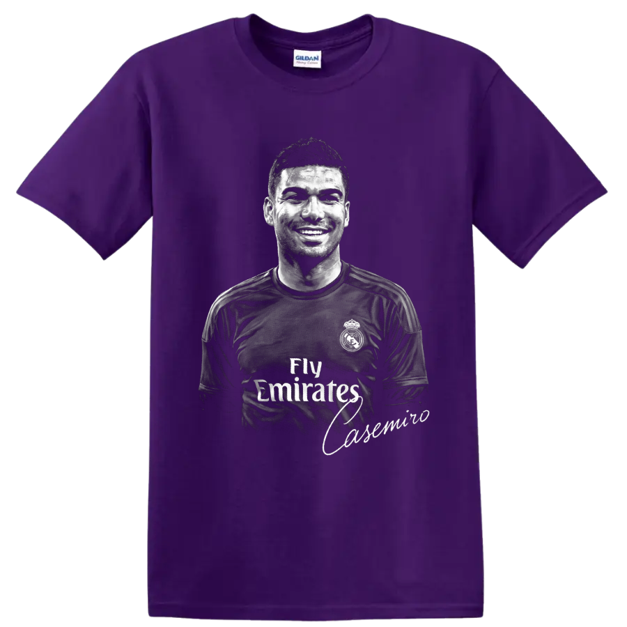 Monochrome Casemiro soccer player portrait with signature-style name accent on a Purple T Shirt