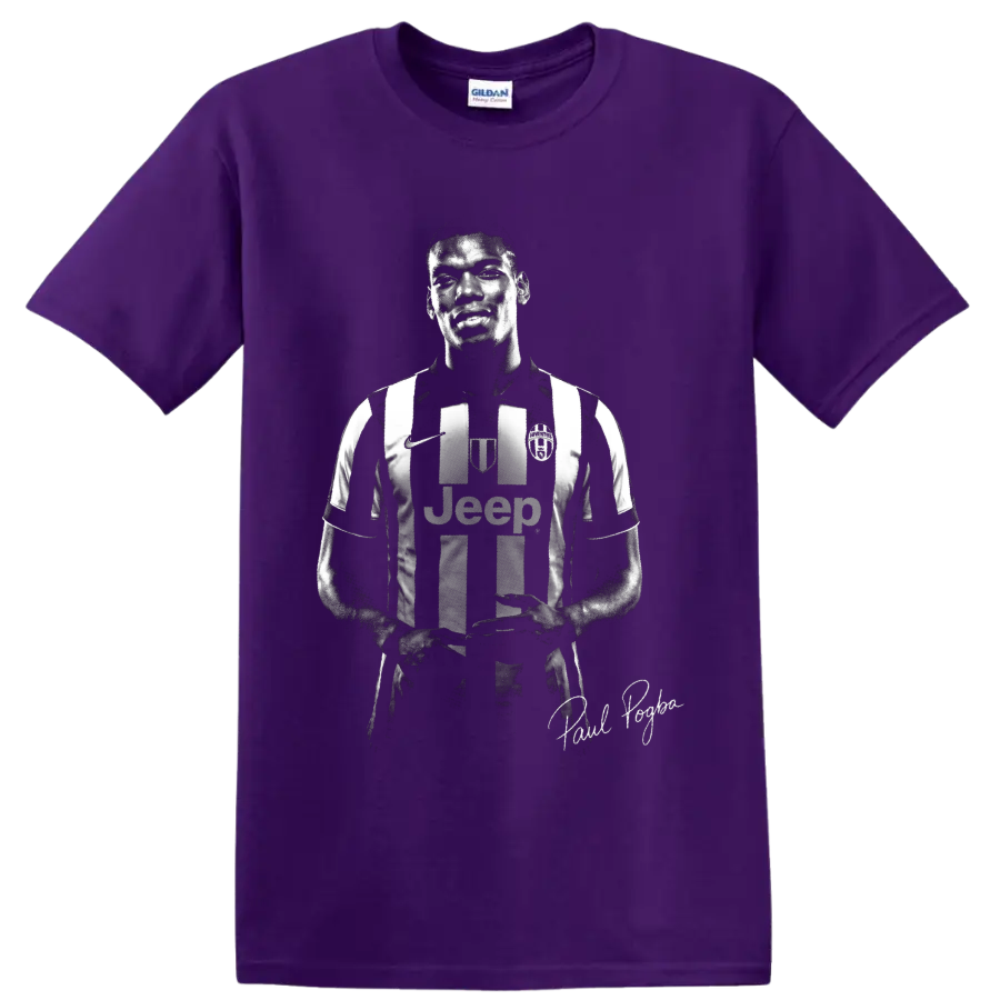 Paul Pogba Juventus striped jersey portrait in dramatic monochrome graphic style on a Purple T Shirt