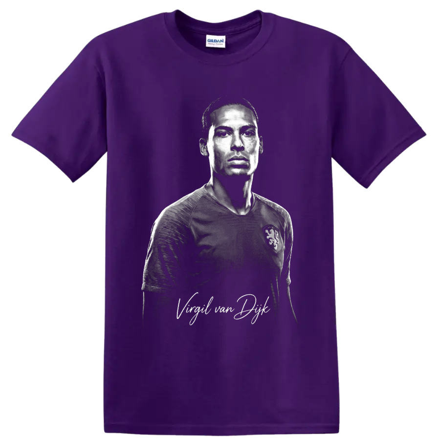 Monochrome illustrated portrait of Virgil van Dijk in a Netherlands soccer jersey on a Purple T Shirt