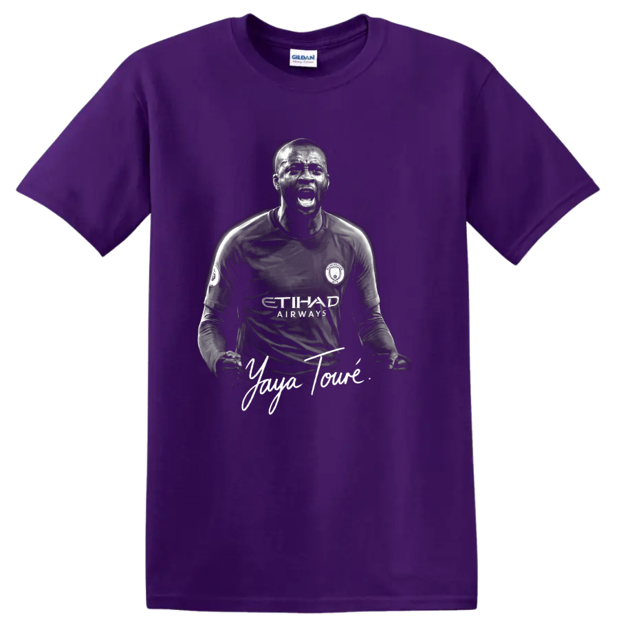 Yaya Touré Manchester City soccer portrait with signature-style lettering on a Purple T Shirt