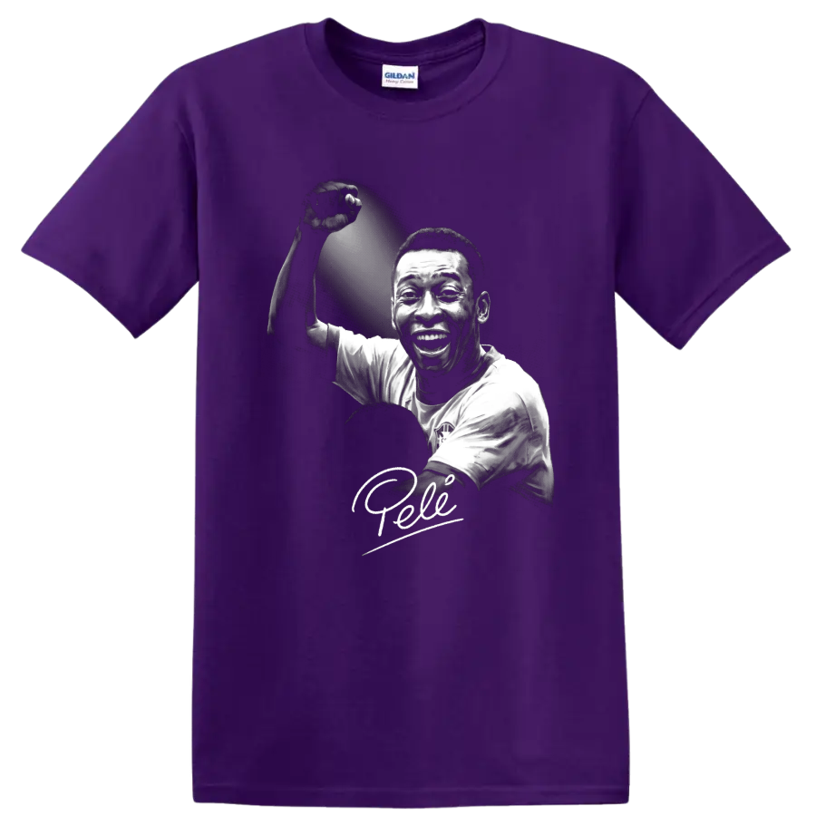 Pelé black-and-white soccer portrait with raised fist and signature-style script on a Purple T Shirt