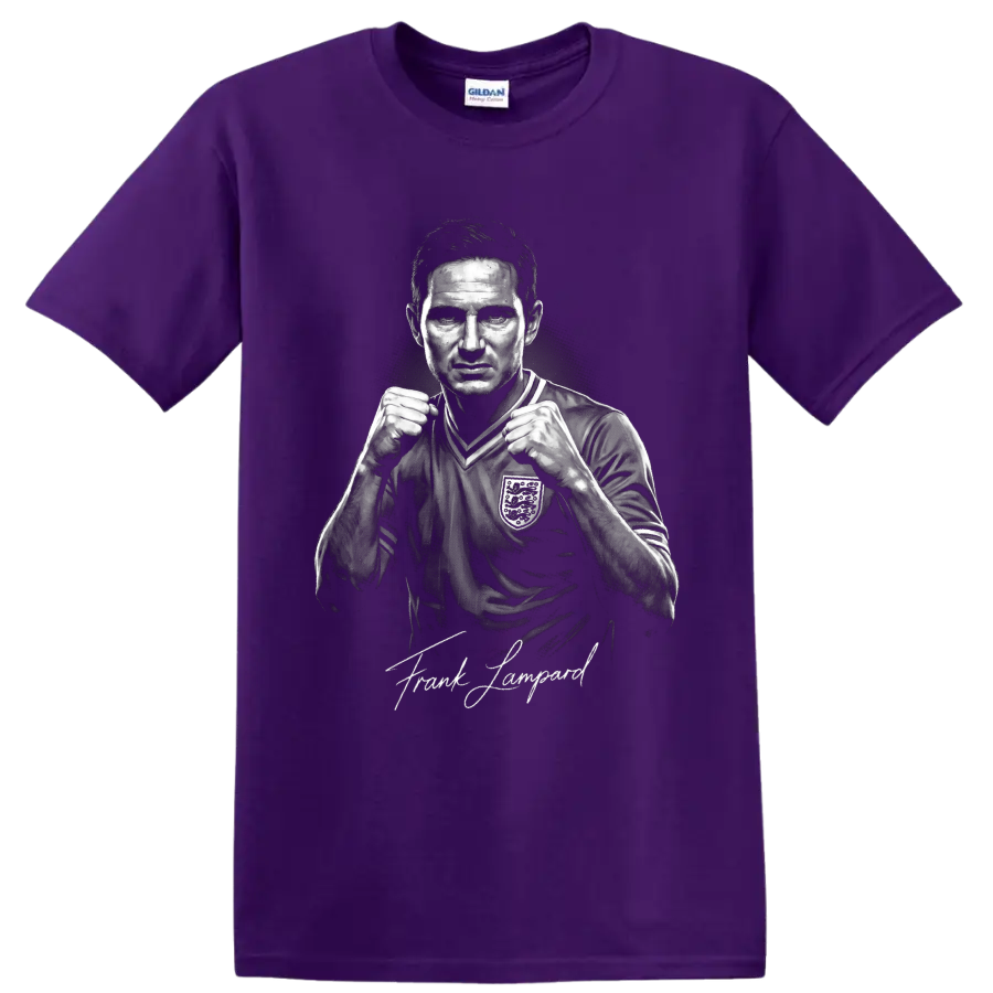 Frank Lampard England soccer portrait with raised fists and signature-style lettering on a Purple T Shirt