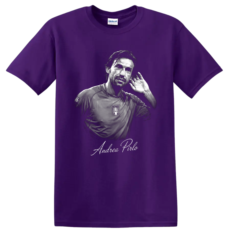 Andrea Pirlo Italy soccer portrait with raised-hand gesture and signature lettering on a Purple T Shirt