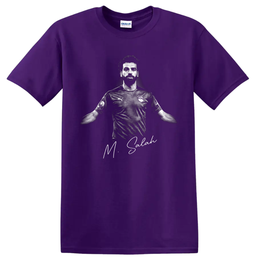 Mohamed Salah grayscale soccer portrait with signature-style lettering on a Purple T Shirt