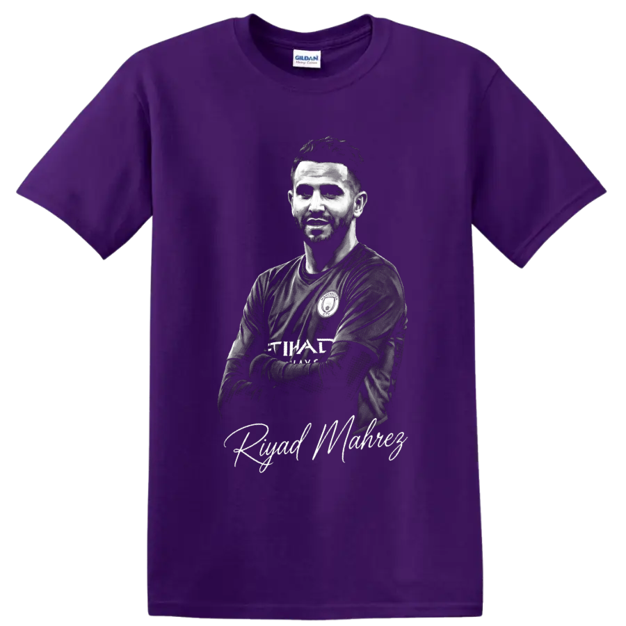 Riyad Mahrez monochrome soccer portrait with signature-style name lettering on a Purple T Shirt