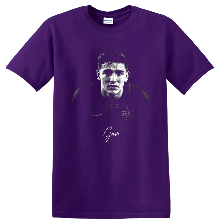 Pablo Gavi FC Barcelona black-and-white distressed soccer portrait with signature text on a Purple T Shirt