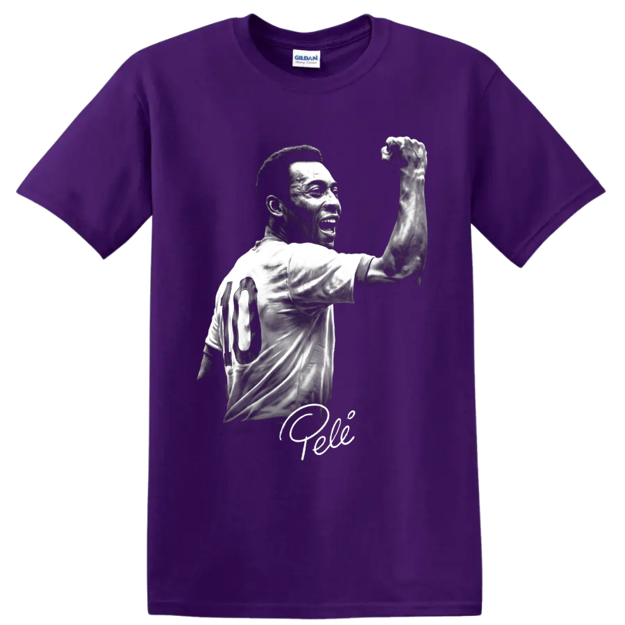 Black-and-white Pelé number 10 soccer portrait with raised fist and signature on a Purple T Shirt