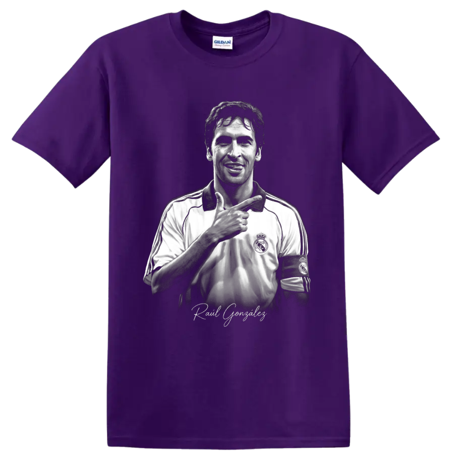 Raúl González grayscale Real Madrid captain portrait with signature-style lettering on a Purple T Shirt