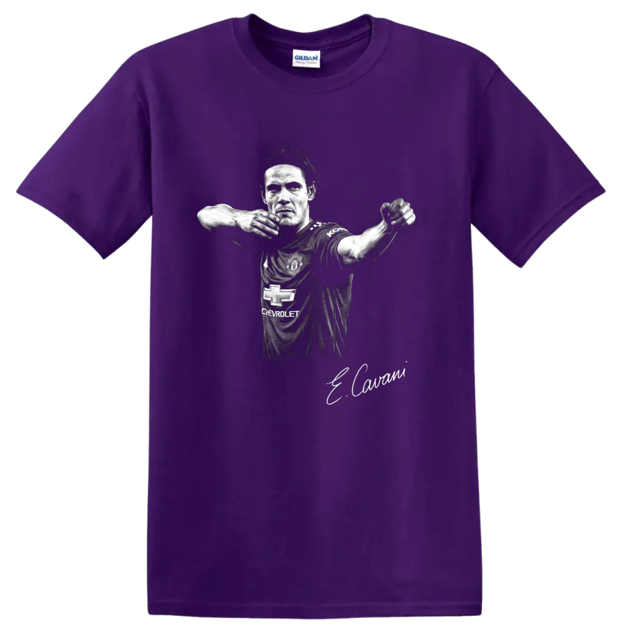 Edinson Cavani Manchester United soccer portrait in black-and-white illustrated style on a Purple T Shirt