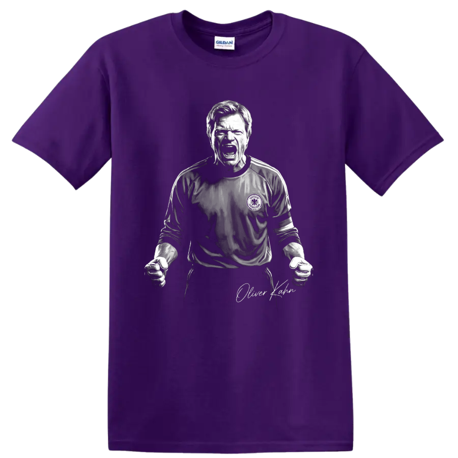 Oliver Kahn roaring goalkeeper portrait in dramatic black-and-white illustration on a Purple T Shirt