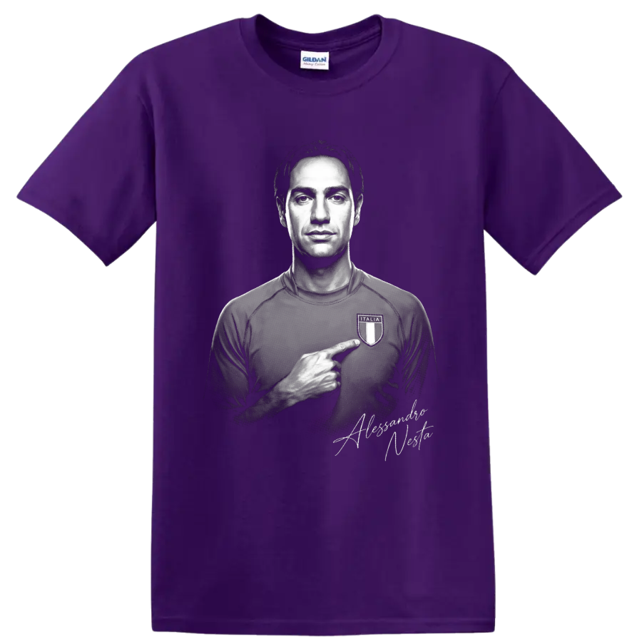 Alessandro Nesta monochrome Italy soccer portrait pointing to an Italia crest on a Purple T Shirt