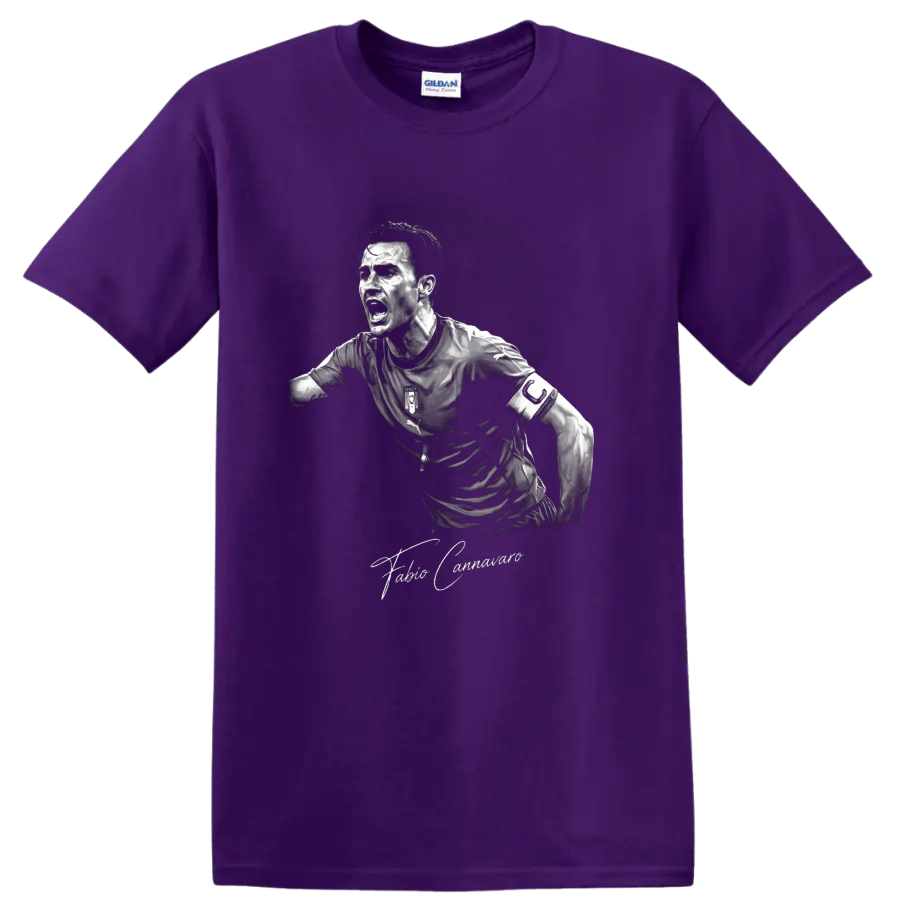 Fabio Cannavaro monochrome Italy soccer captain portrait with signature text on a Purple T Shirt