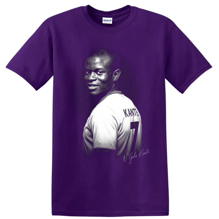 N'Golo Kanté soccer midfielder portrait with number 7 jersey in monochrome graphic art on a Purple T Shirt