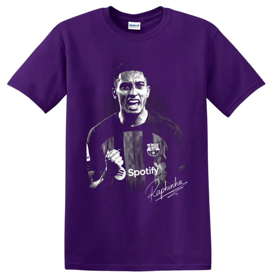 Raphinha Barcelona soccer celebration portrait in gritty monochrome with signature-style on a Purple T Shirt
