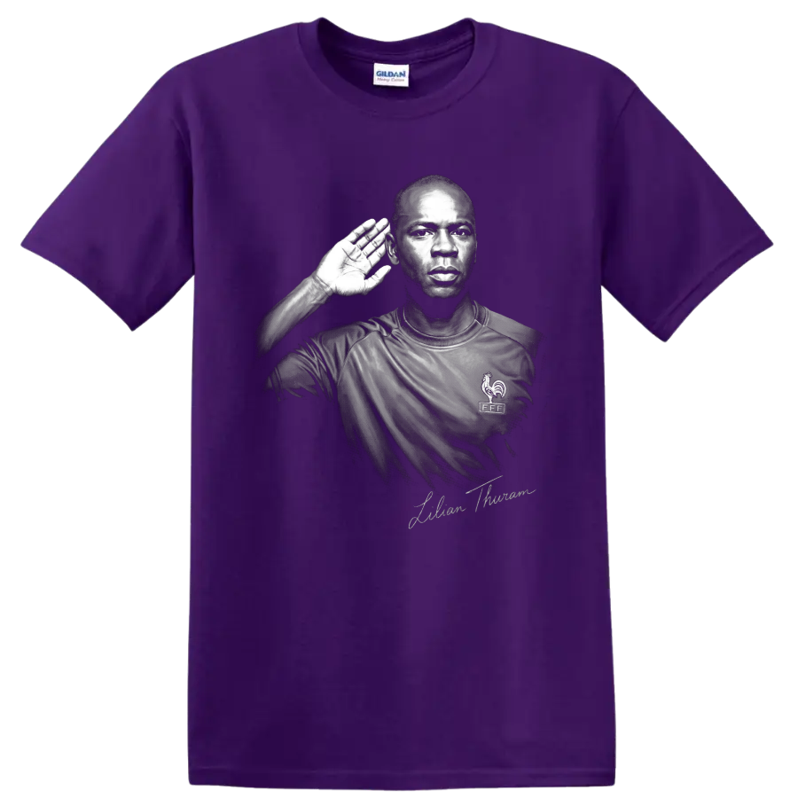 Lilian Thuram France defender monochrome portrait with raised-hand listening gesture on a Purple T Shirt