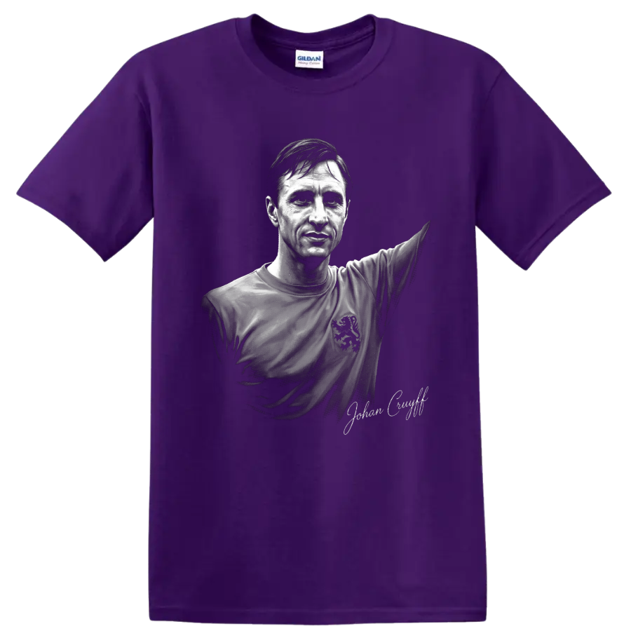 Johan Cruyff monochrome soccer portrait with raised arm and signature-style text on a Purple T Shirt