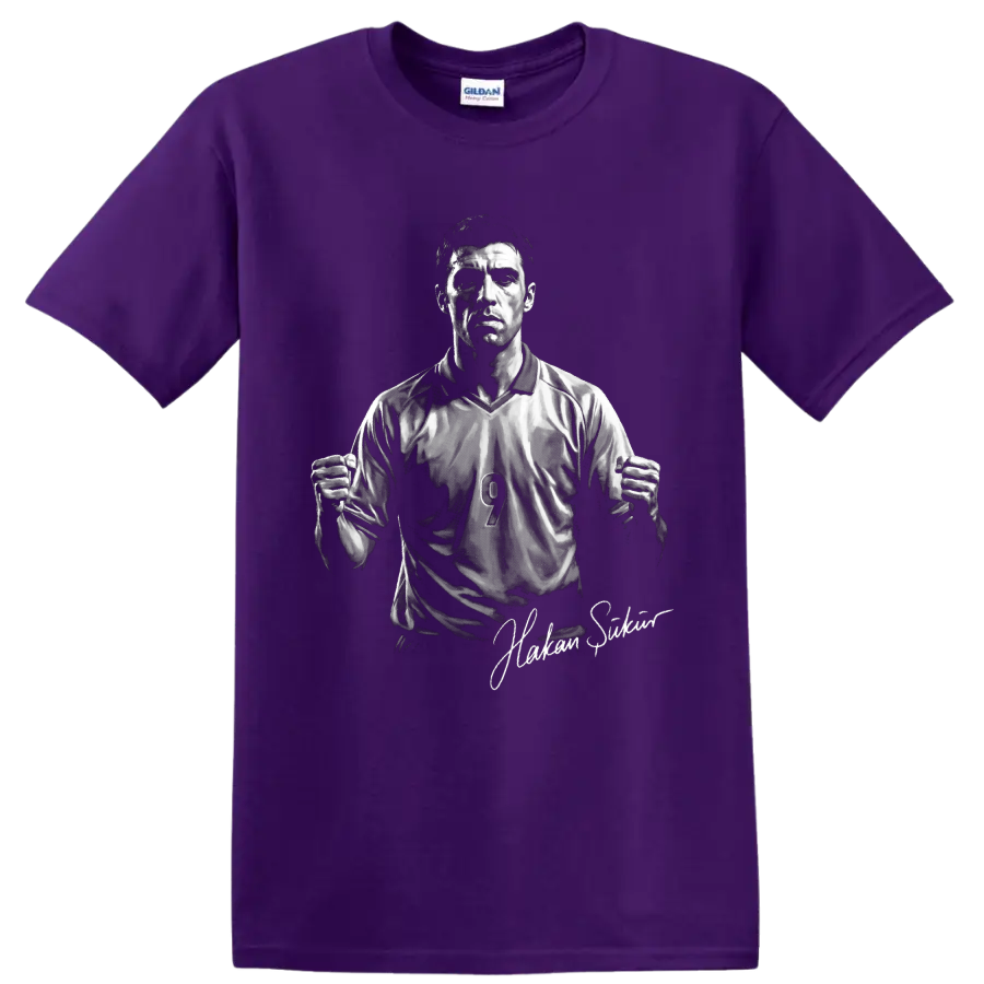 Hakan Şükür soccer striker portrait with number 9 jersey and signature-style text on a Purple T Shirt