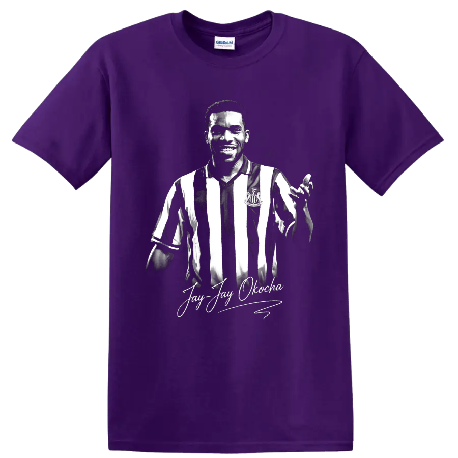 Jay-Jay Okocha monochrome soccer portrait with striped jersey and signature script on a Purple T Shirt