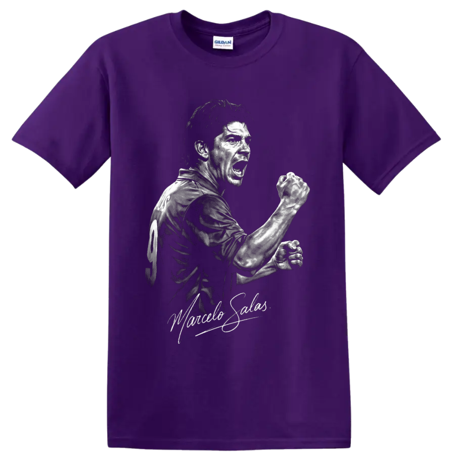 Marcelo Salas monochrome soccer striker portrait with clenched-fist celebration on a Purple T Shirt