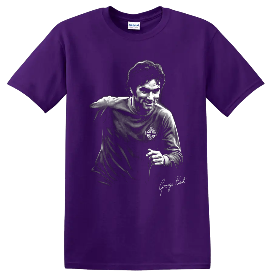 George Best Northern Irish soccer portrait in high-contrast monochrome art on a Purple T Shirt