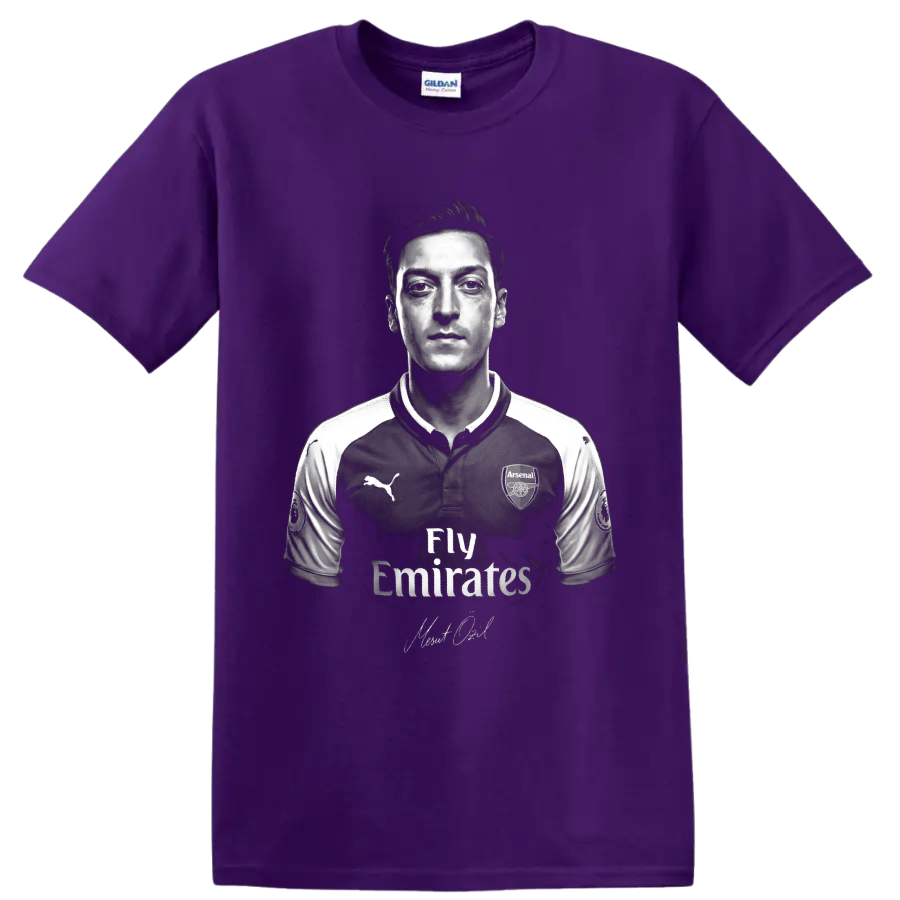 Mesut Ozil Arsenal soccer portrait in dramatic black-and-white graphic art on a Purple T Shirt