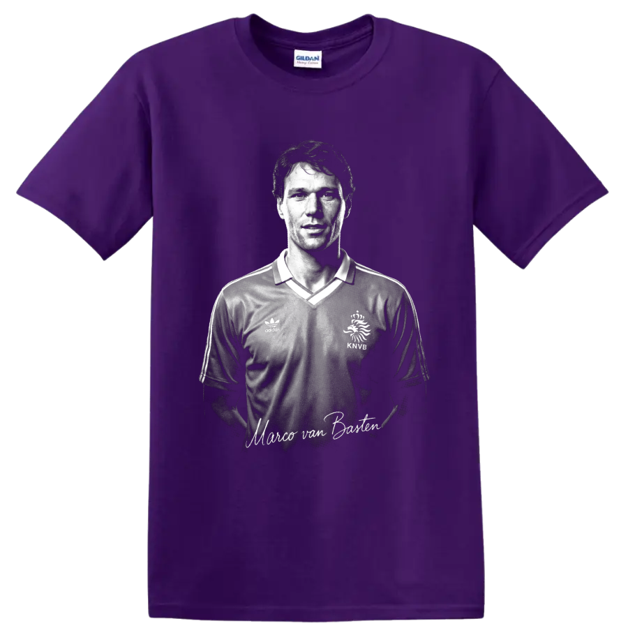 Monochrome Marco van Basten Dutch soccer portrait with signature-style lettering on a Purple T Shirt