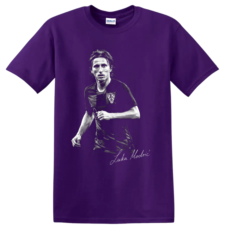 Luka Modric Croatia soccer midfielder grayscale portrait with signature-style script on a Purple T Shirt