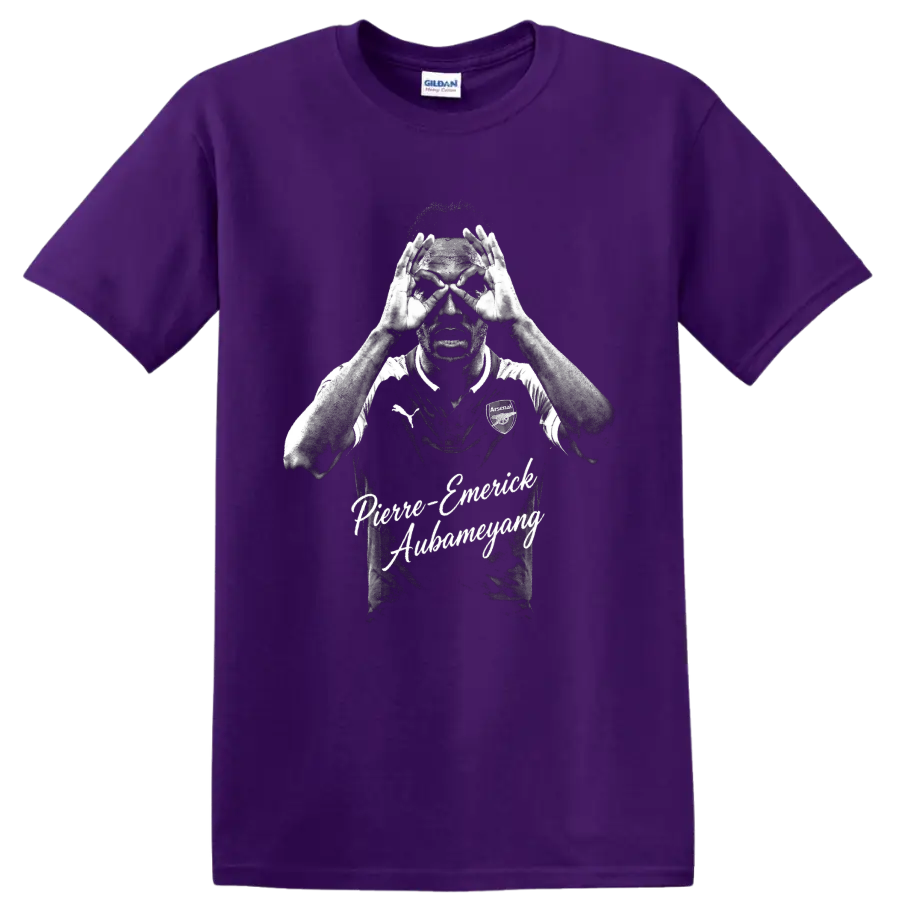 Pierre-Emerick Aubameyang Arsenal binocular celebration distressed portrait with script on a Purple T Shirt